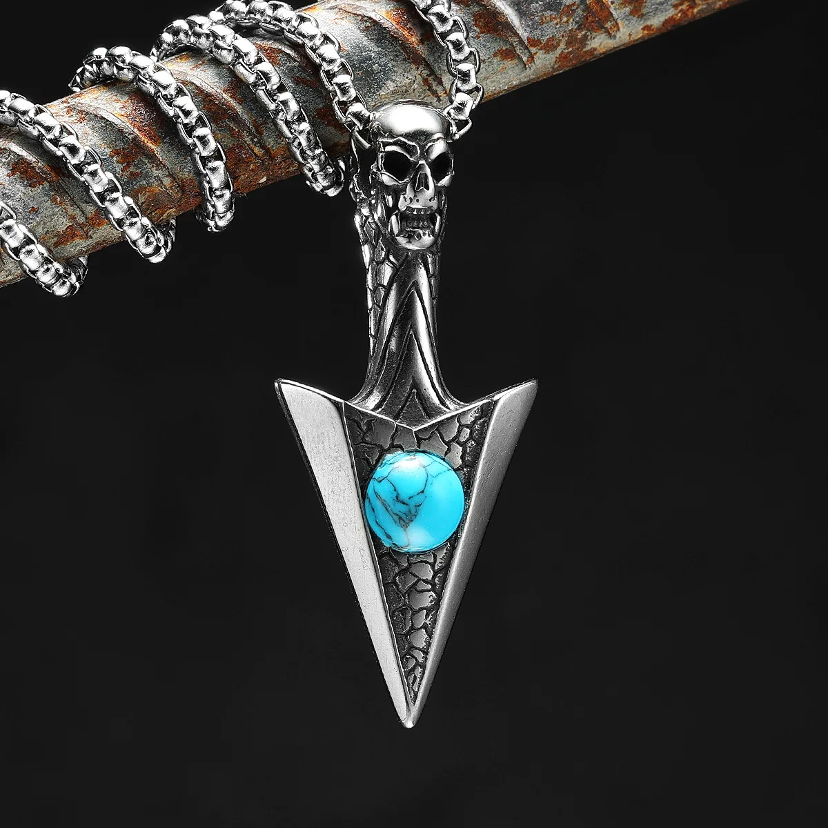 Skull Dart Necklace Spearhead 316L Stainless Steel Pendants Turquoise Men Ice Cracks Chain Punk for Boyfriend Male Jewelry Gift