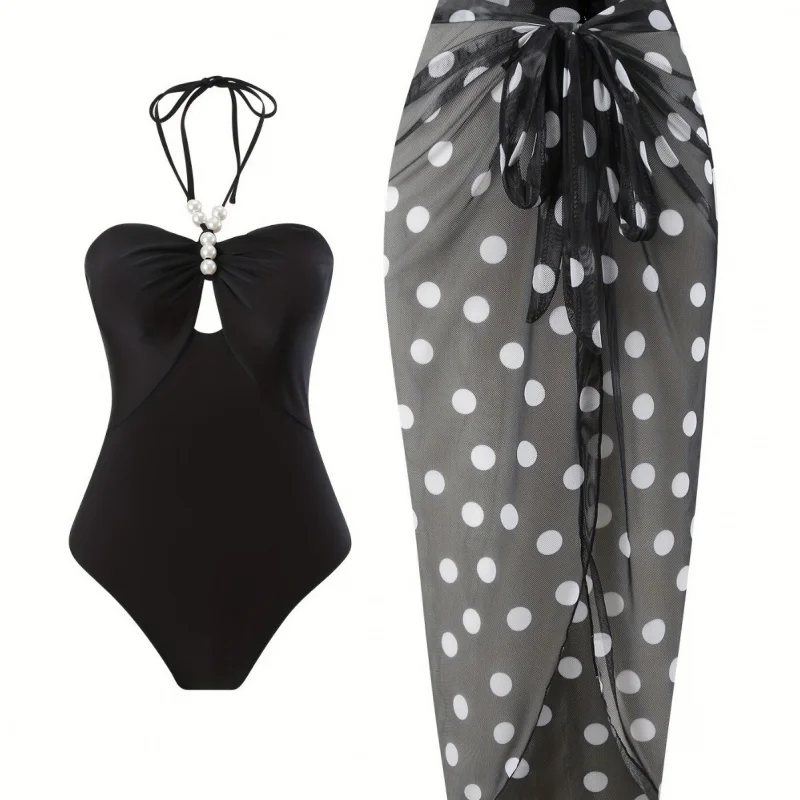 

One-piece swimsuit for women, sexy and tight-fitting, halter neck with pearl chain, high-end swimsuit with wrap skirt set