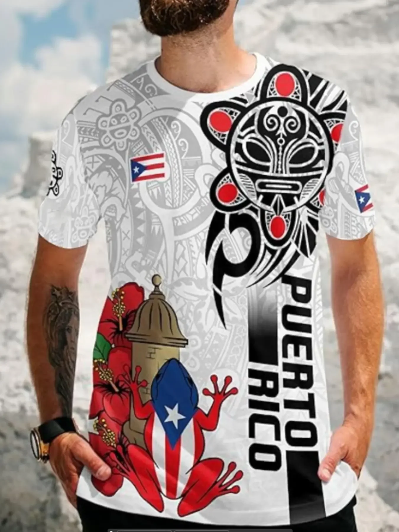 Men's Puerto Rican Pattern T-Shirt, Shirt with Tribal Print, Casual Cultural Clothing, Street Fashion, Streetwear, Menswear