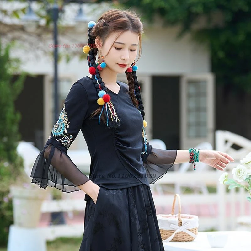 2025 traditional chinese vintage shirt national flower embroidered hanfu women oriental tangsuit retro chinese ethnic base shirt