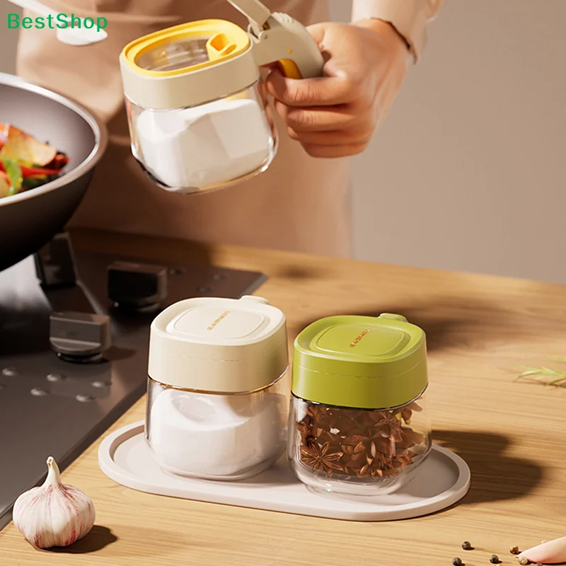 Tarro de cristal transparente para condimentos con tapa abatible y cuchara, para esencia de pollo, sal, glutamato monosódico, caja de condimentos para cocina.
