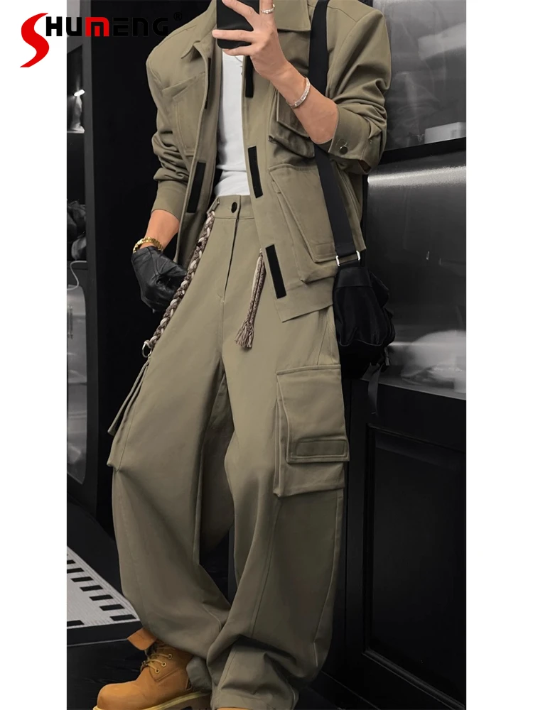 

2025 Men's Autumn New Trendy Retro American Style Fashion Versatile Two-piece Sets Lapel Jackets Loose Tooling Long Pants Sets