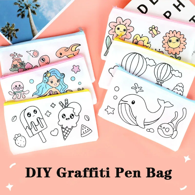 ตลก Graffiti เครื่องเขียนกระเป๋า DIY จิตรกรรมหัตถกรรมสําหรับเด็กน่ารักกระต่าย Mermaid นักบินอวกาศรถดอกไม้ปากกากระเป๋าของเล่น