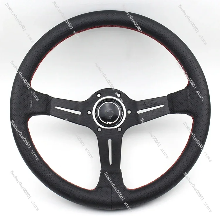 14-inch Concave Leather Black Frame Modified Racing Steering Wheel with A Universal Red, Blue and Red Line