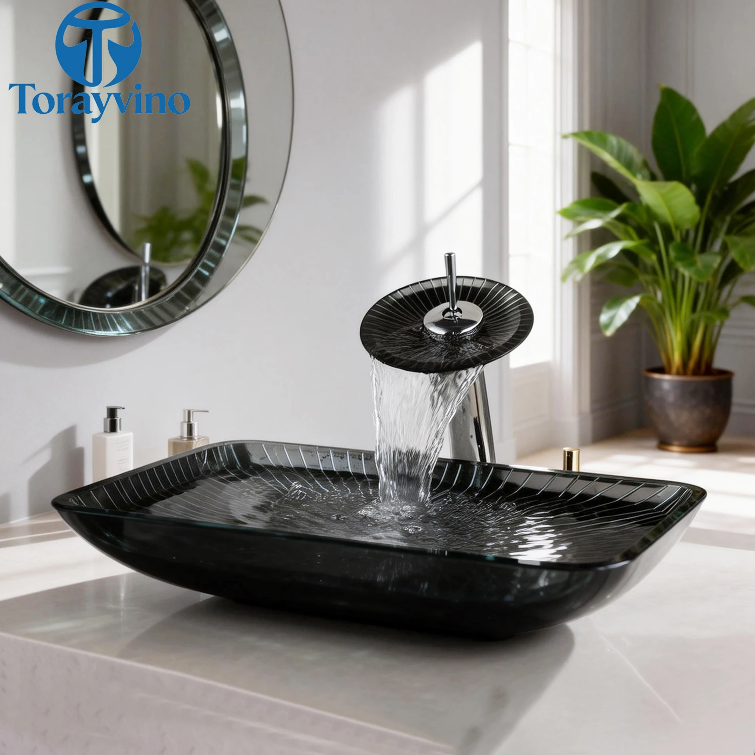 Torayvino Bathroom sink set 4 shapes Glass Hand Painted wash basin single hole deck mount Waterfall faucet Cold & Hot  Mixer tap