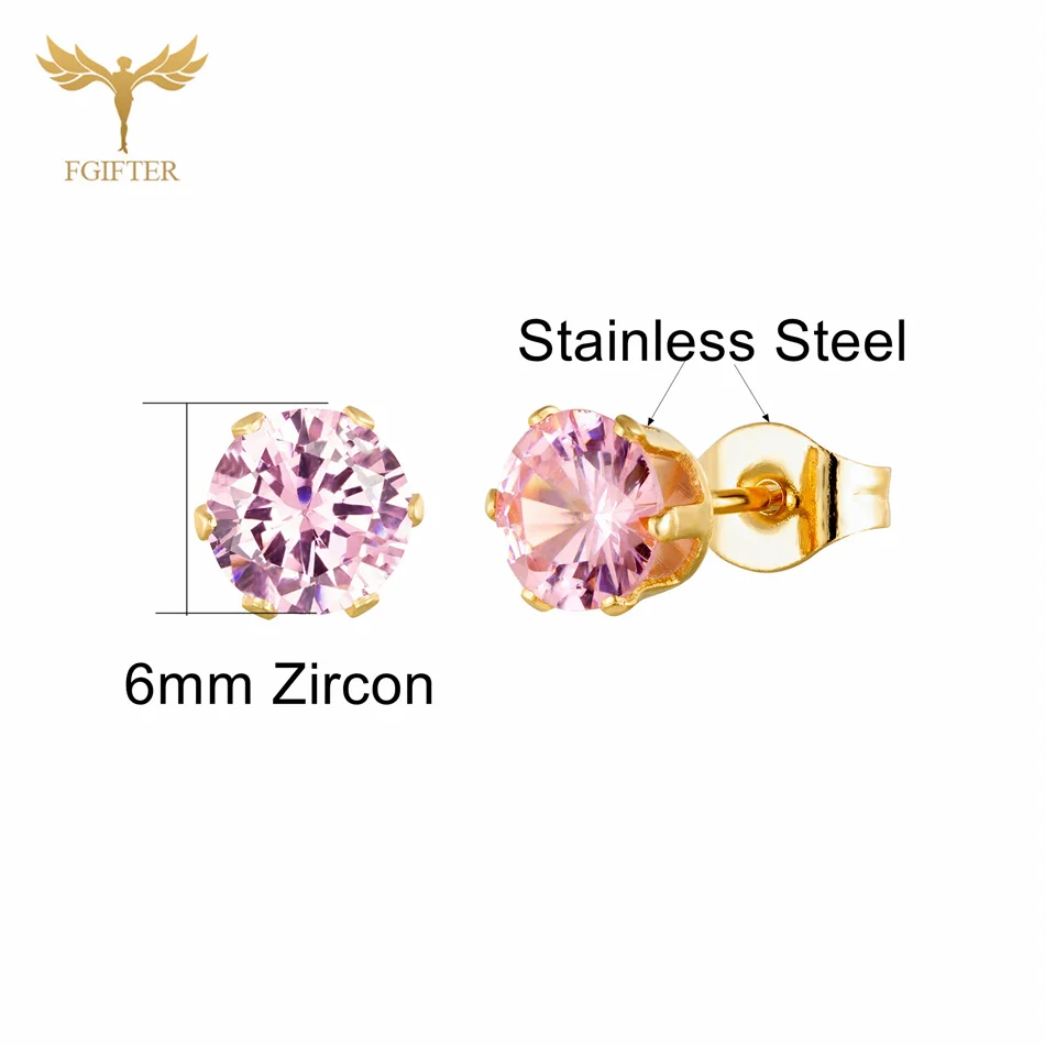 Juego de pendientes de tuerca de circón rosa para mujer, cristal grande dorado, joyería de acero inoxidable, venta al por mayor, regalos pequeños de