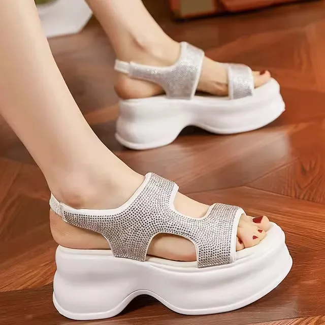 

Women's Summer Thick Bottom Diamond Embellished Leather Sandals High Heel Casual Slip-On Shoes Short Tube PU Outsole