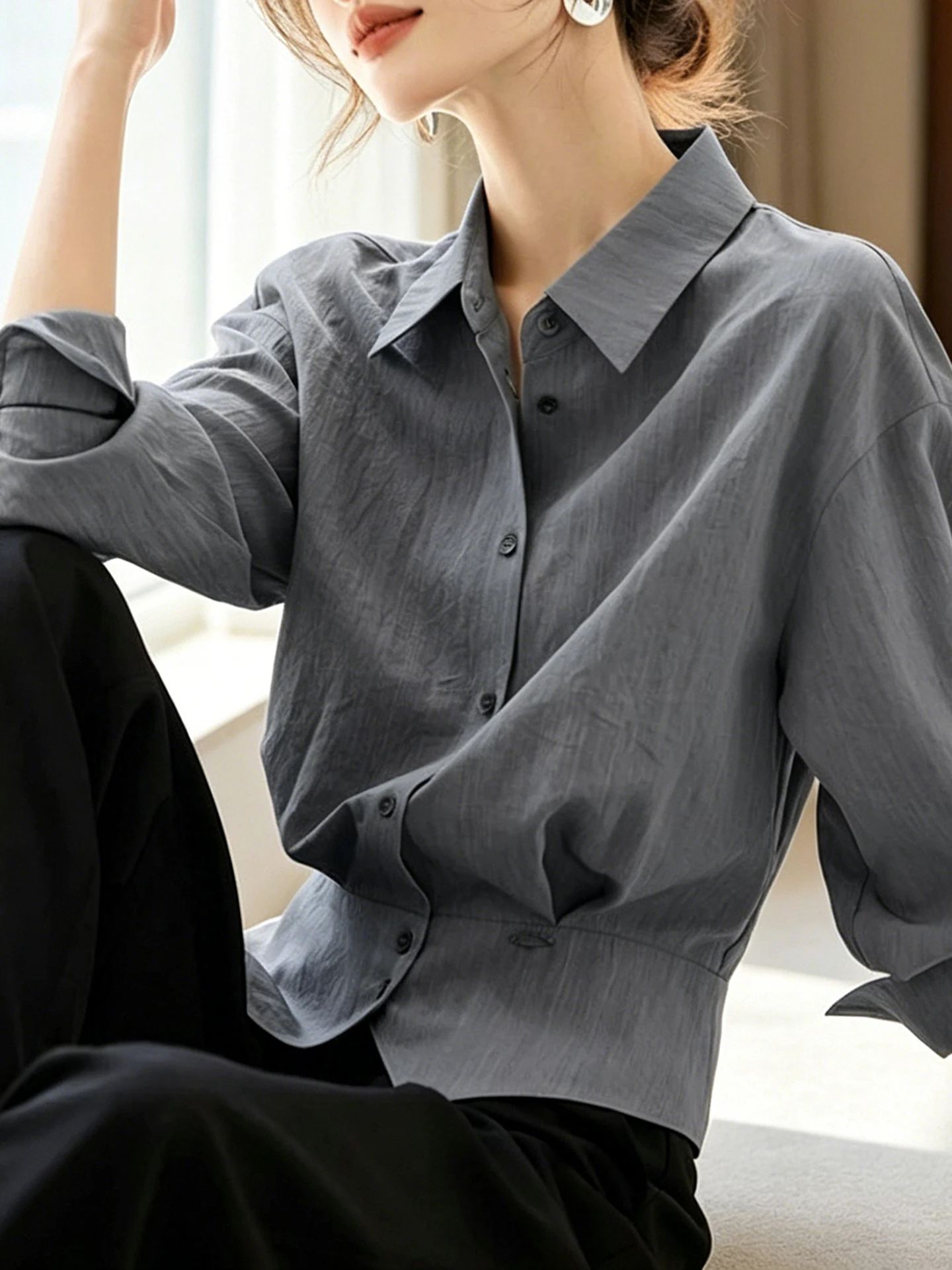 

Elegant Slim Fit Long Sleeve Shirt Women's Spring Summer New Style Minimalist Fashionable Top Button up Kaftan Style Shirt