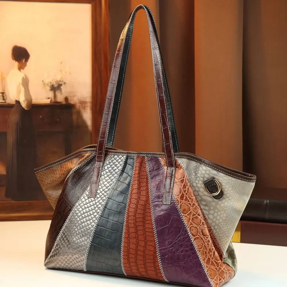 

Ретро-сумка через плечо с цветовыми блоками, крокодиловым узором, из натуральной кожи, с тиснением и элементами пэчворка, женская сумка-тоут