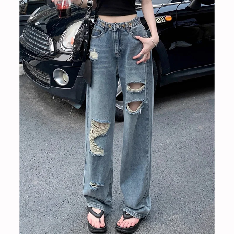 

Female Chic Blue Ripped Straight Leg Jeans Girls Korean Fashion High Waist Denim Trousers Women Casual Loose Thin Pants