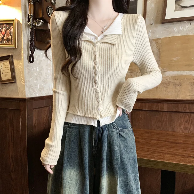 เสื้อสเวตเตอร์คอวีแขนยาวสองชั้นทรงเข้ารูป สไตล์เริ่มต้นฤดูใบไม้ร่วง พร้อมเสื้อซับใน ปี 2025