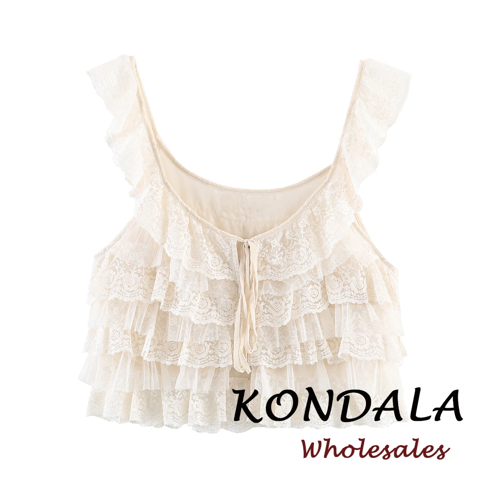 KONDALA Chic White Sexy Lace Women Cami Summer Top Fashion 2026 Casual Lace-up Tiered Sleeveless Vest Elegant Female Modern Vest