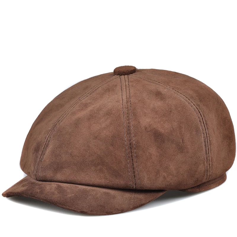 Retro Octagonal Hat Men England Male Spring Winter Real Leather Suede Beret Caps Newsboy Buttons Casual Streetwear Peaked Bonnet
