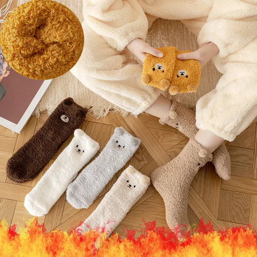 여성용 산호 벨벳 겨울 양말, 곰 두꺼운 플러시 따뜻한 수면 푹신한 양말, 귀여운 만화 사랑스러운 바닥 양털 푹신한 양말, 2 쌍  Best5