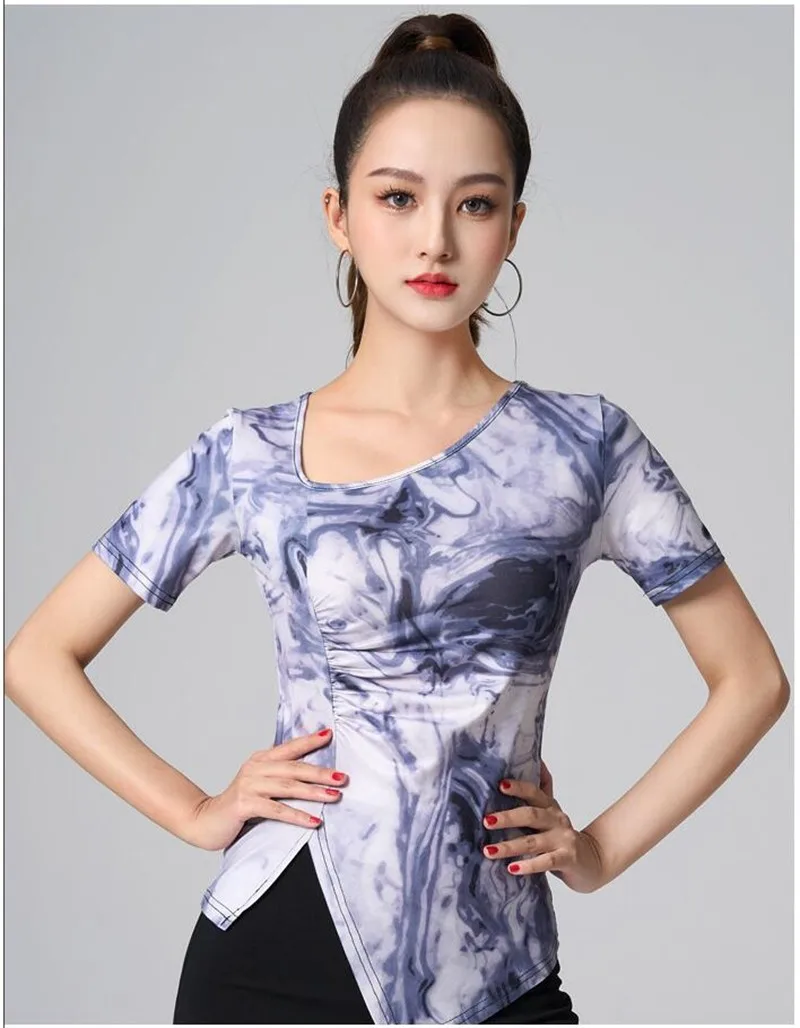 Modern Dance Costume Female Adult 2024 New Ink Wash Painting Printing Latin National Standard Short Sleeves Tops For Women S-4XL