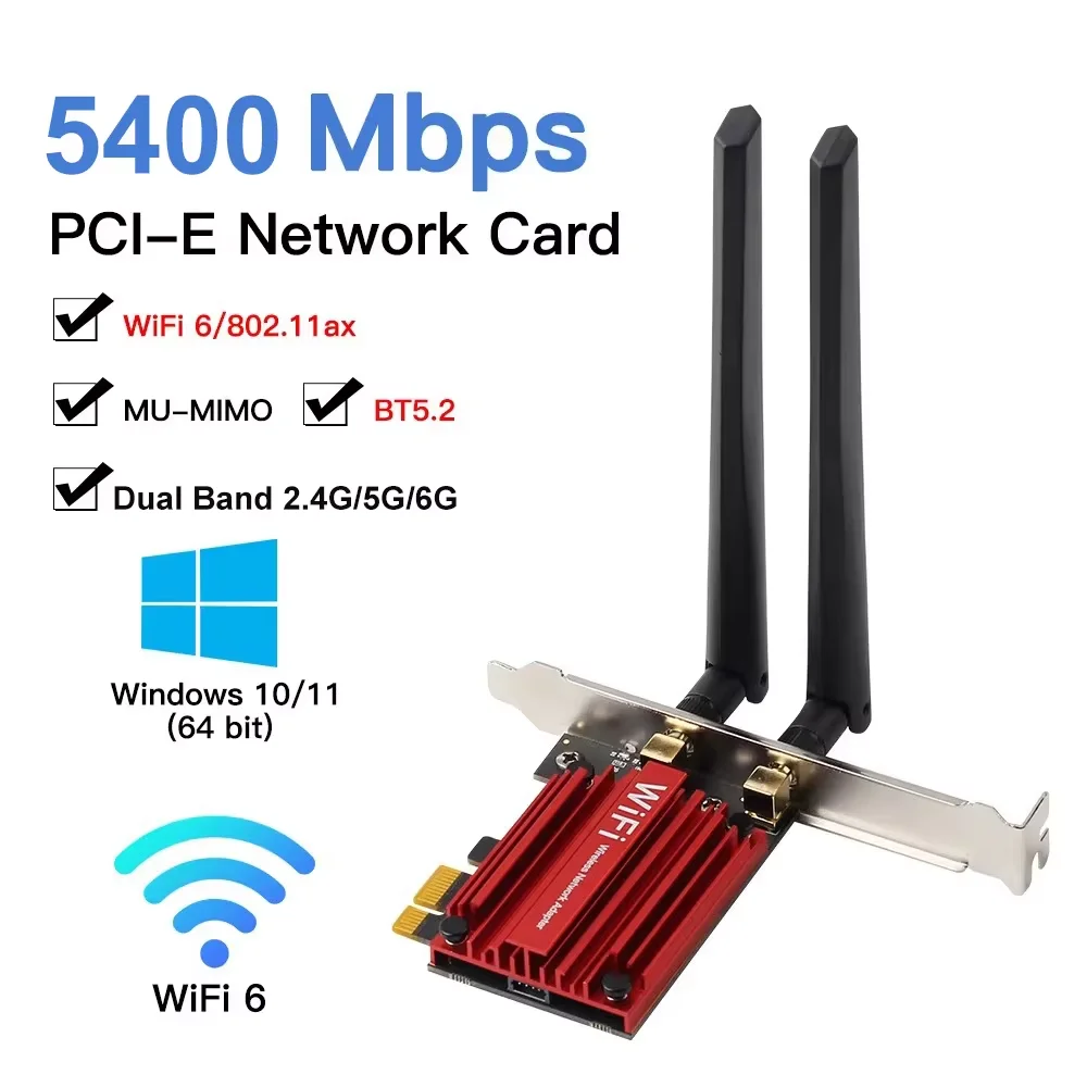 

5400Mbps WiFi 6E PCIE WiFi Adapter Wireless Network Card Bluetooth 5.2 Tri-Band 2.4G/5G/6Ghz 802.11AX/AC For Windows 7/8/10/11