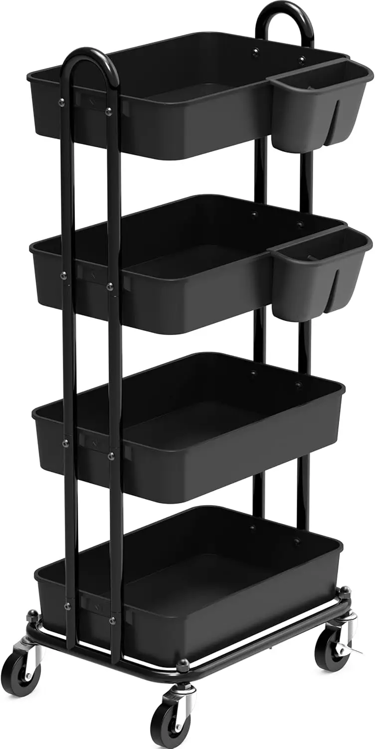 

4-Tier Rolling Utility Cart with Hanging Buckets, Black - Multifunctional Storage Solution