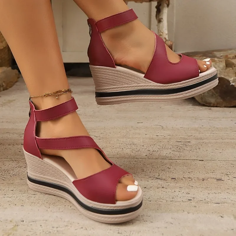 

Women's Shoes 2025 Hot Sale Back Zipper Women's Sandals Fashion Peep Toe Casual Sandals Women Summer Plus Size Wedge Sandals