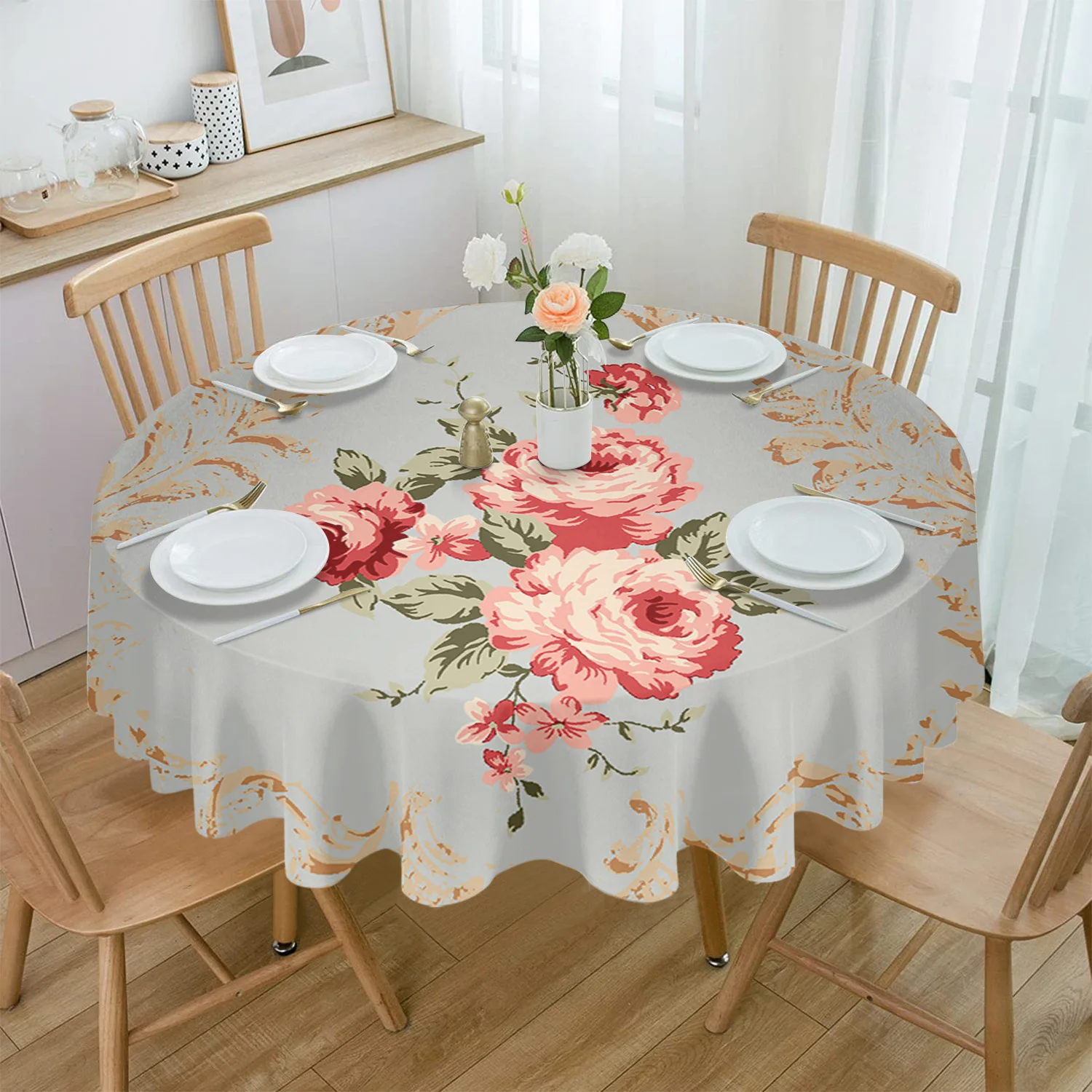 

Flower Vintage Hand Drawn Round Tablecloth Waterproof Table Cover for Wedding Party Decoration Dining Table Cover