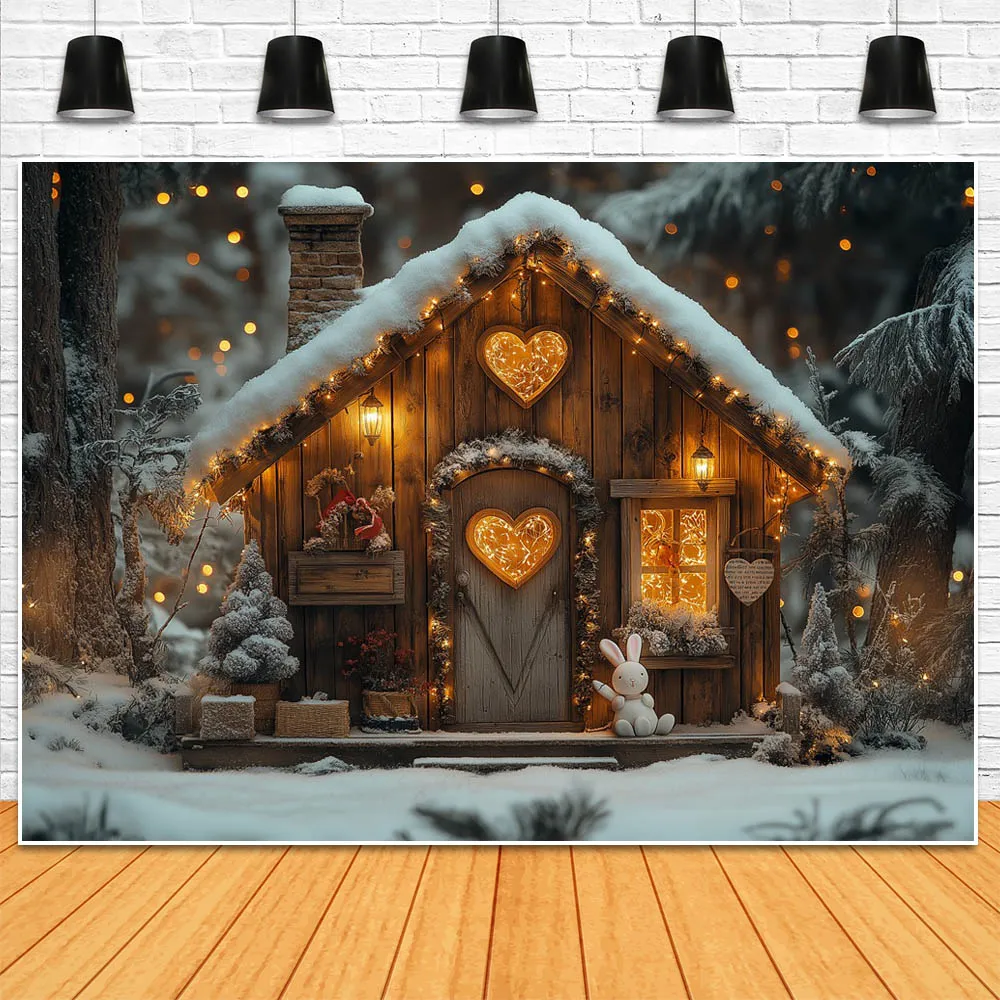 Mocsicka Winter Snow Wooden House Background Snowy Forest Pine Tree Snowfield Outdoor Photography Backdrop Studio Shooting Props