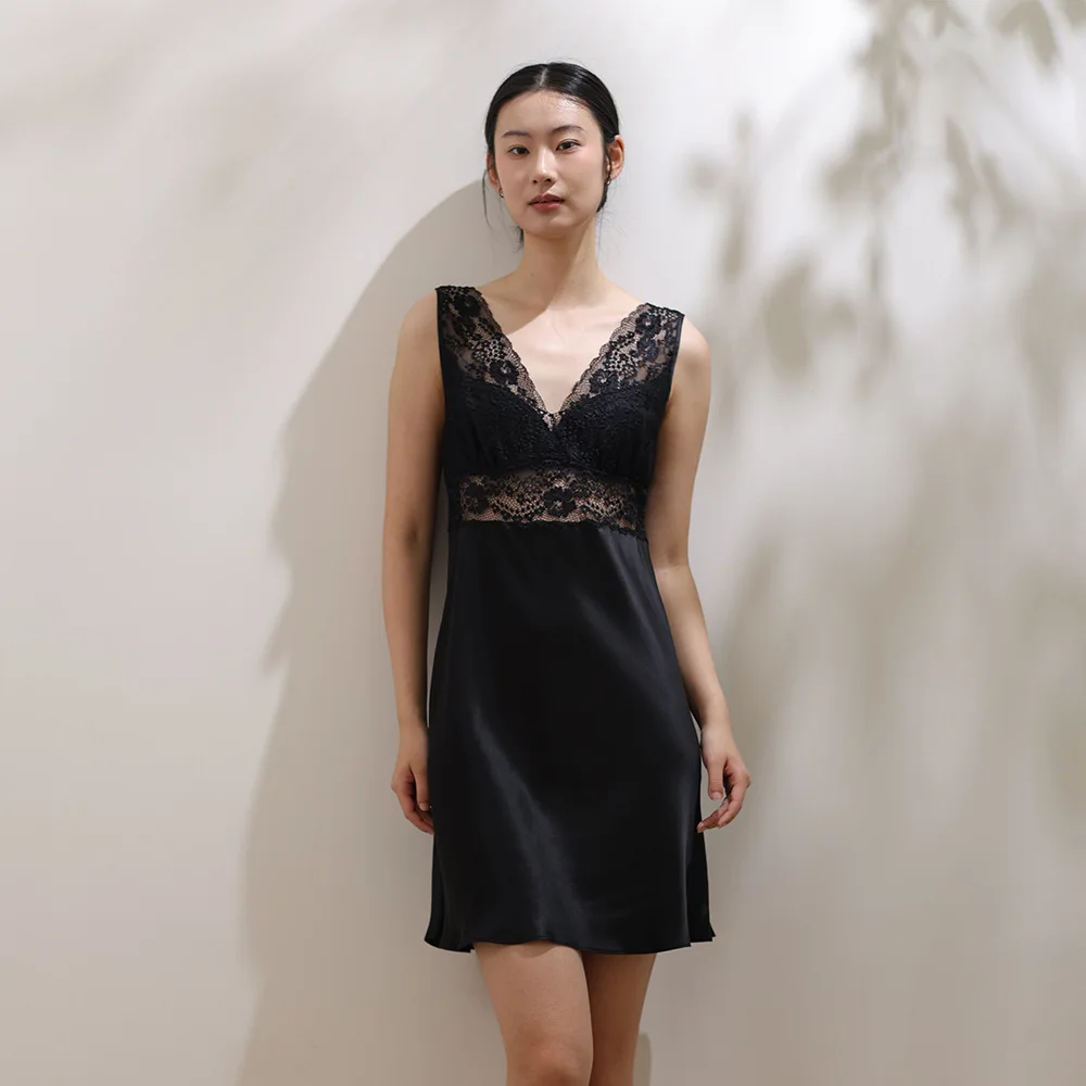

19MM 100% Mulberry Silk Sexy See Through Lace Tank Top Sleeping Dress Lingerie Black Sleeveless Night Dress Pajama Party Dress