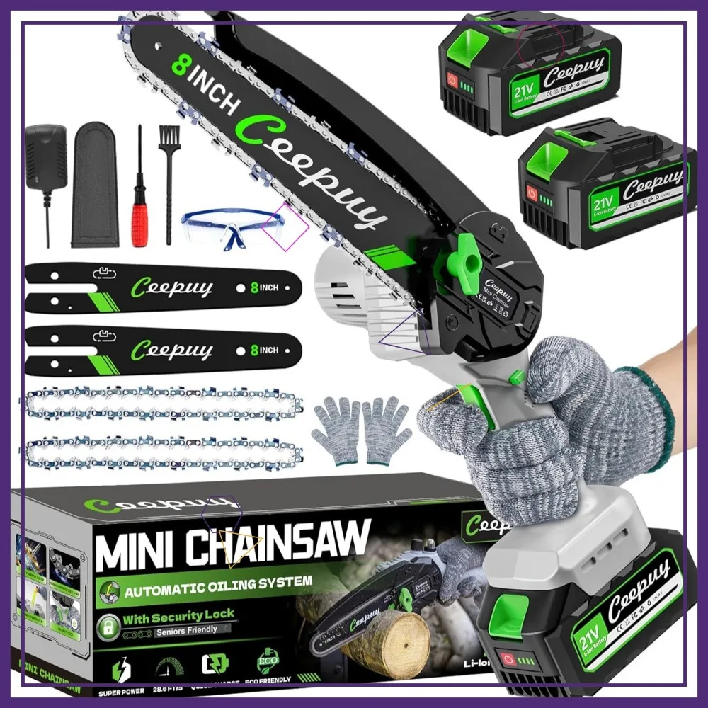 Gergaji Mini Tanpa Kabel 8 Inci dengan 2 Baterai, Pelumas Otomatis, Kunci Pengaman untuk Memotong Kayu & Memangkas Pohon