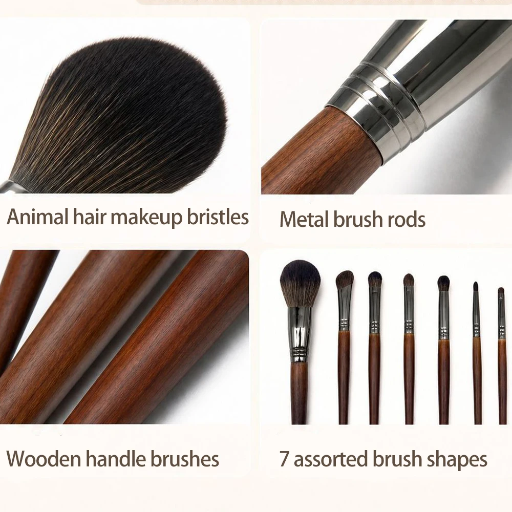 Wooden Handle Makeup Brush Set for Eye, 7 Pcs Assorted Different Shapes Brushes Natural Animal Hair Bristles Metal Shaft