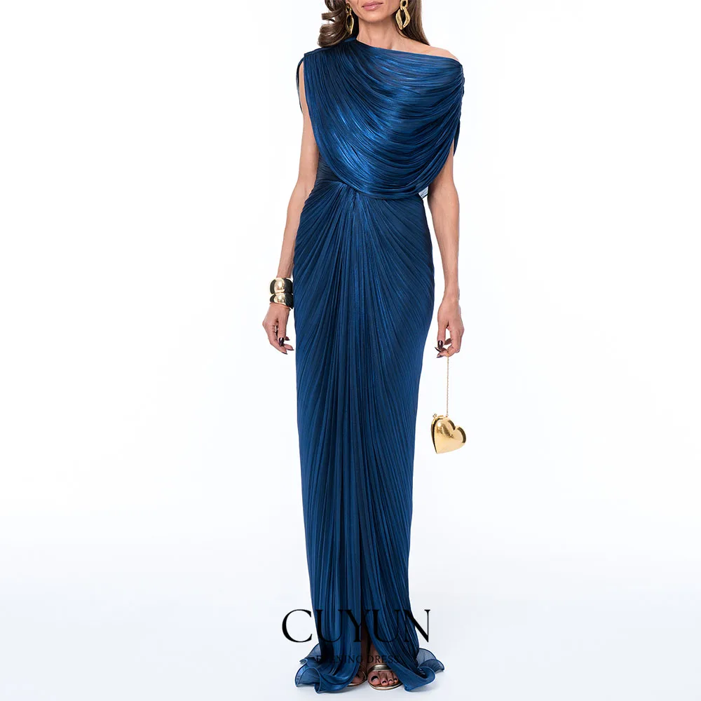 CUYUN Sparkly Dark Blue One-Shoulder Cape Evening Gown Dress Draped Floor-Length Formal Reception Dress Customized 2026