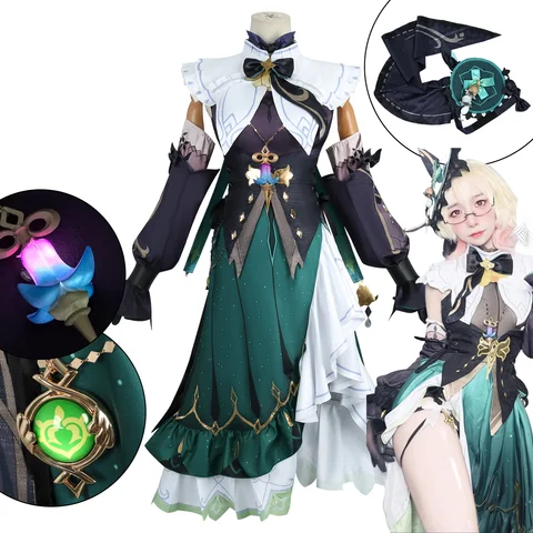 게임 Genshin Impact Emilie 코스프레 의상 가발 드레스 모자 모자를 쓰고 있죠 안경 여성 할로윈 파티 카니발 역할 놀이 의상