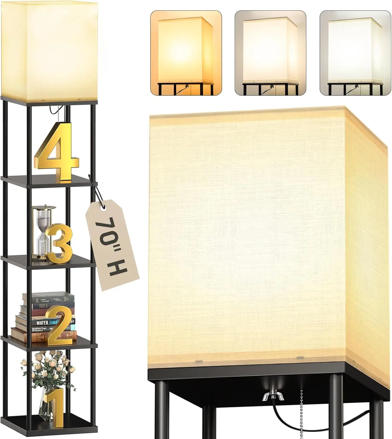

5-Tier Floor Lamp with Shelves, 3 Color Temperatures, Adjustable LED Light for Living Room Bedroom Office Black