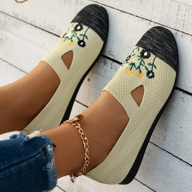 

Comfortable Knit Flats Women's Shoes New Slip On Sneakers Mom Driving Loafers Woman Breathable Flower Ultra Light Flat Shoe