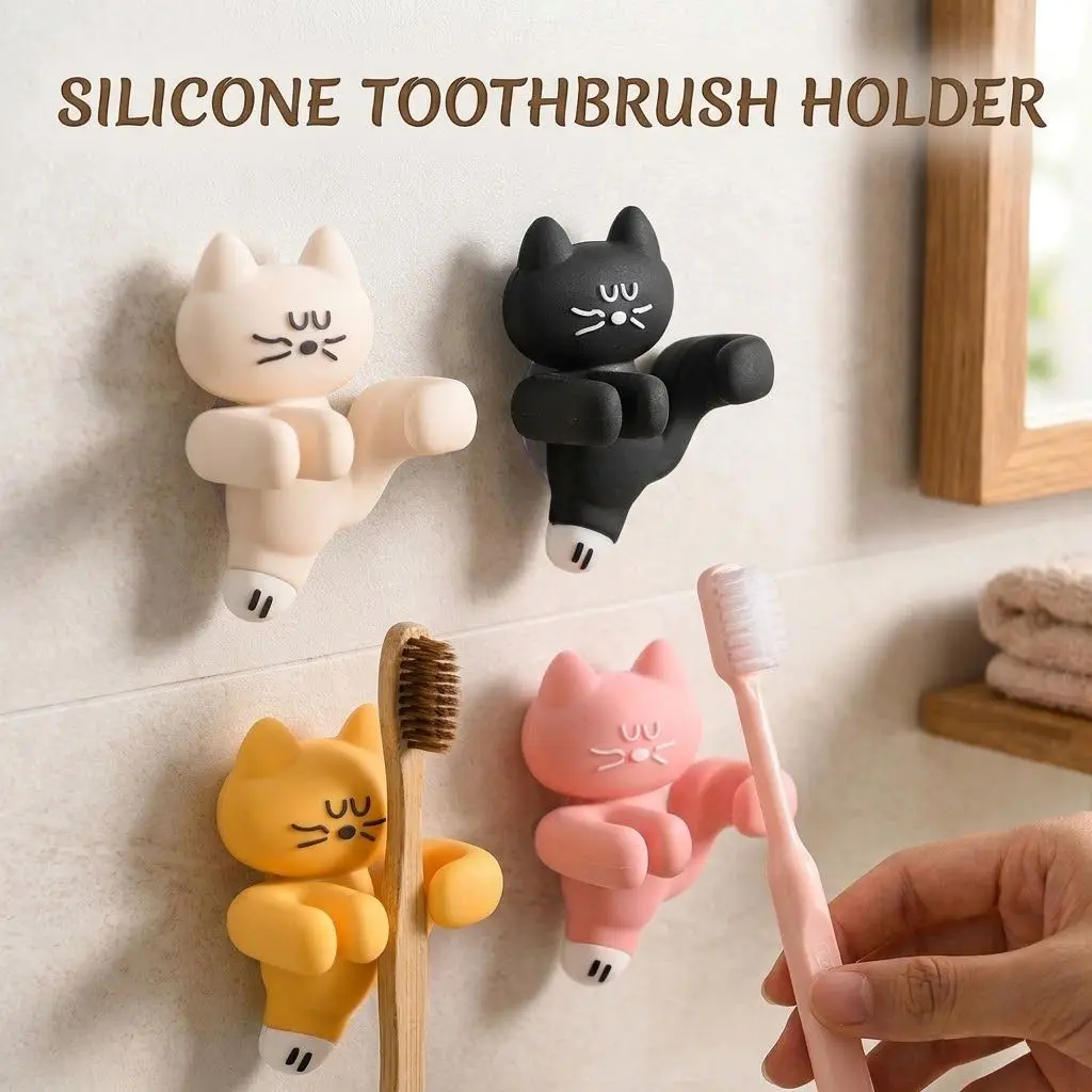 Silicone Toothbrush Holder Cute Cat Wall Mounted Suction Cup Organizer Punch-Free Bathroom Storage Rack