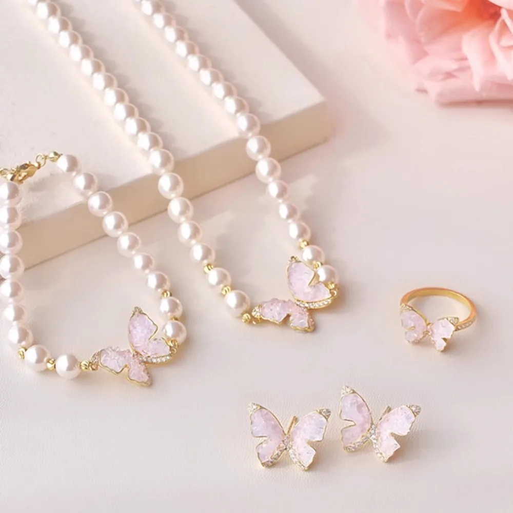 New Butterfly Jewelry Sets Crystal Pearl Romantic Bracelet Ring Necklace Earring Set for Women Wedding Dinner Dress Accessories