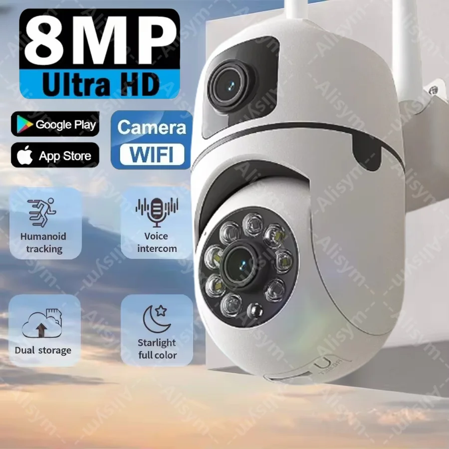 

8-мегапиксельная HD Wi-Fi PTZ-камера с панорамированием и наклоном, двойной объектив, камера с двойным экраном, AI, автоматическое отслеживание, IP-камера безопасности, защитная камера видеонаблюдения