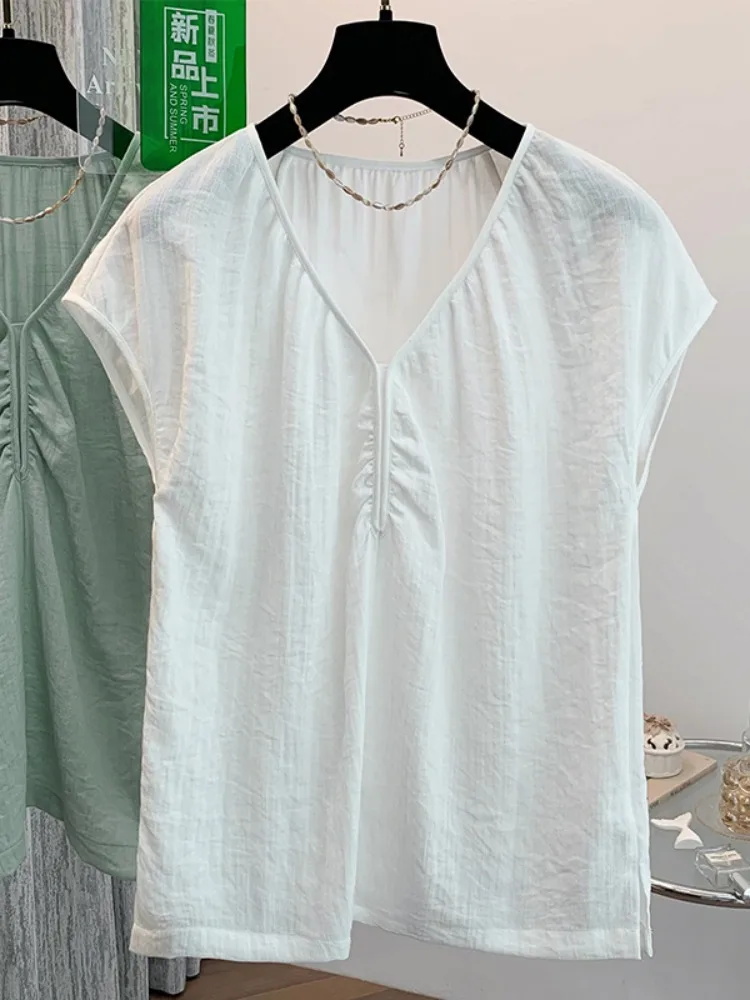 Einzigartige lässige Baumwolle Leinen ort Sve irt Frauen Sommer dünne kleine Größe schlankmachende V Ne Overhead kleine IRT Pendeln Sle...