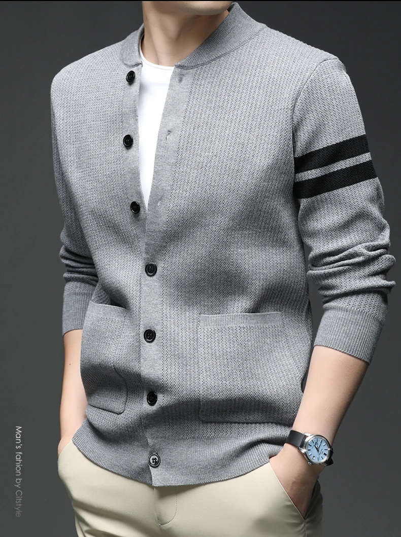 

Осень 2024, новый вязаный кардиган, мужской свитер, куртка с бейсбольным воротником, свободный повседневный топ с воротником-стойкой