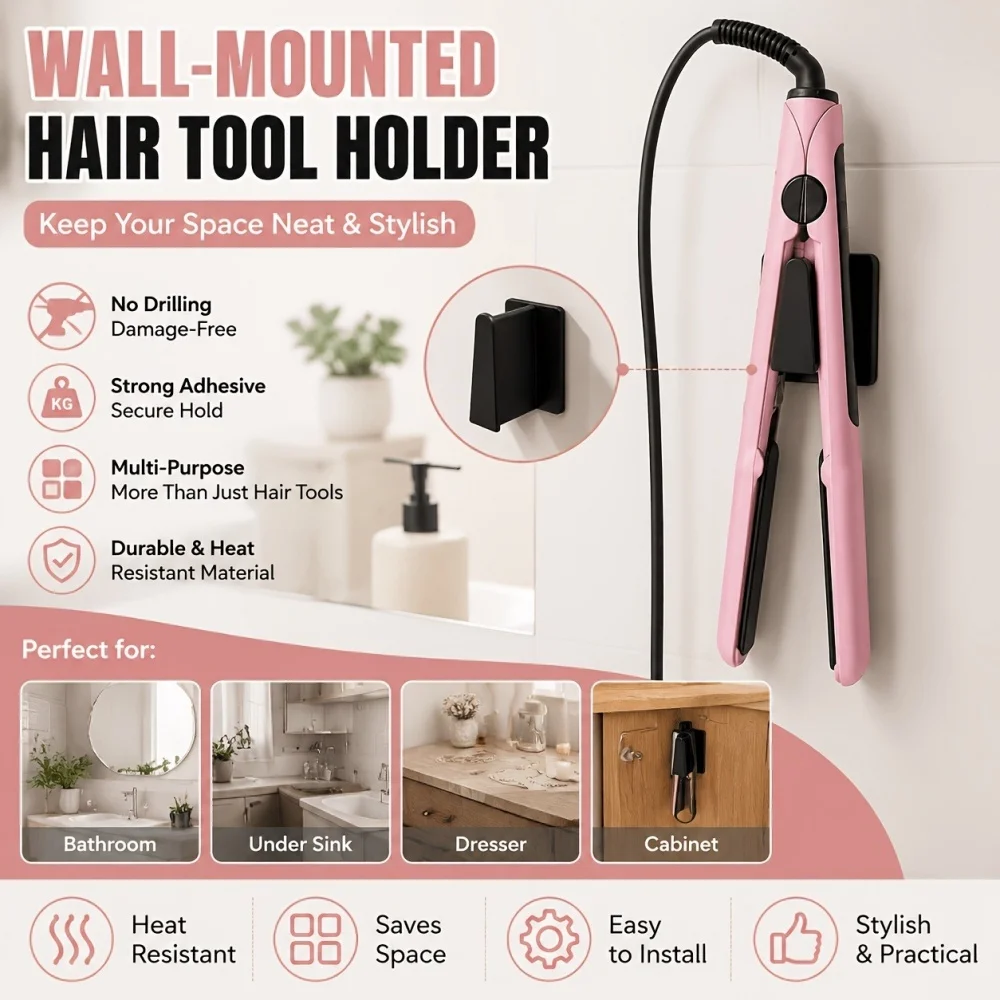 1PC No-Drill Wall-Mounted Hair Styling Tool Organizer Multi-Functional Storage Rack for Curling Iron Straightener Comb Glasses