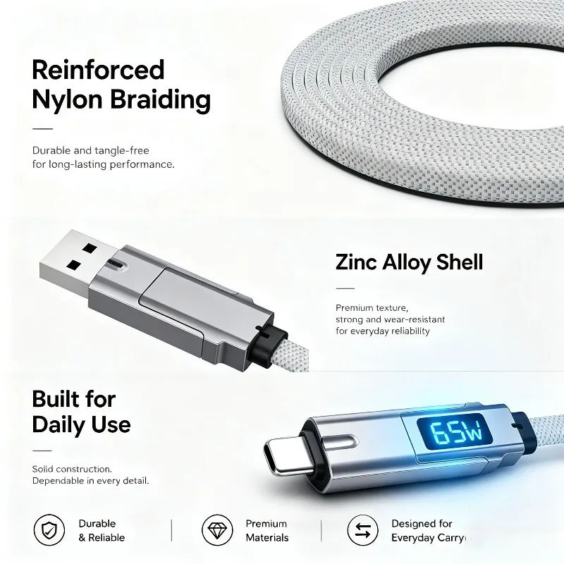4 in 1 Fast Charging Cable USB C Quick Charge Cord Digital Display Braided Keychain Data Cable for Phone Laptop Power Extension