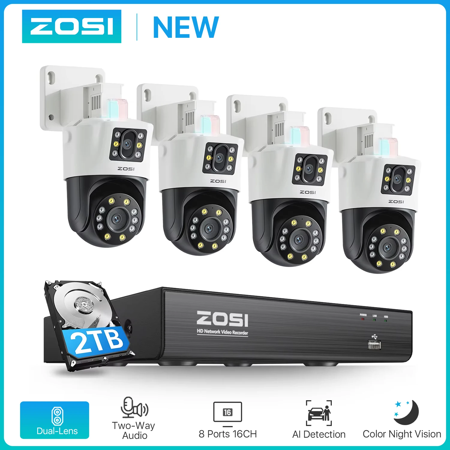 ZOSI 4K Dual-Lens PoE Security Camera System 8MP Pan/Tilt (2x4MP) 360 Surveillance Camera Outdoor AI Detection 8CH 8MP NVR Kit