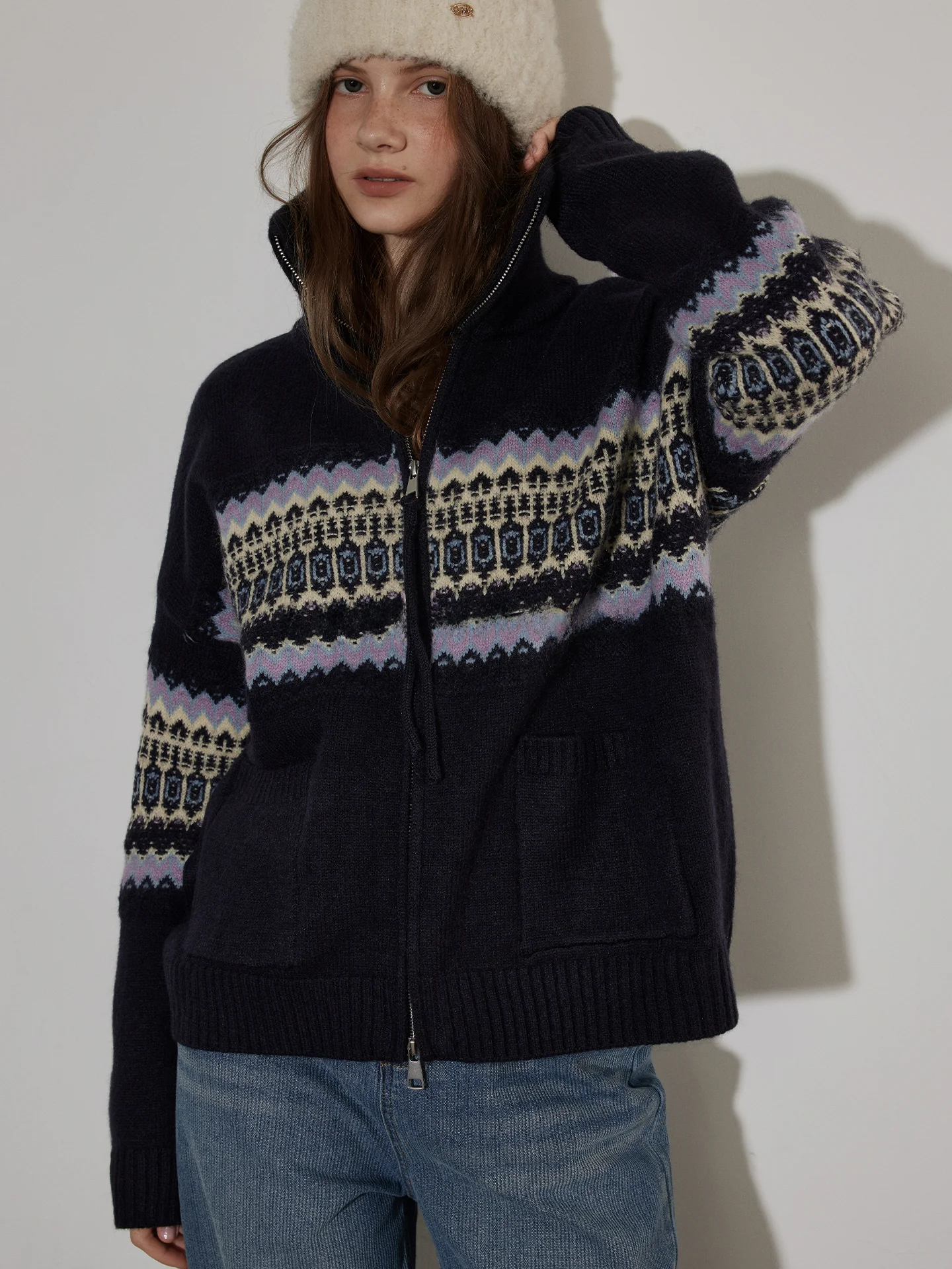 

Lofi Choose Vintage Fair Isle Knitted Open Cardigan Women's Winter Loose Versatile Sweater Jaet Thi Long Sve Zipper