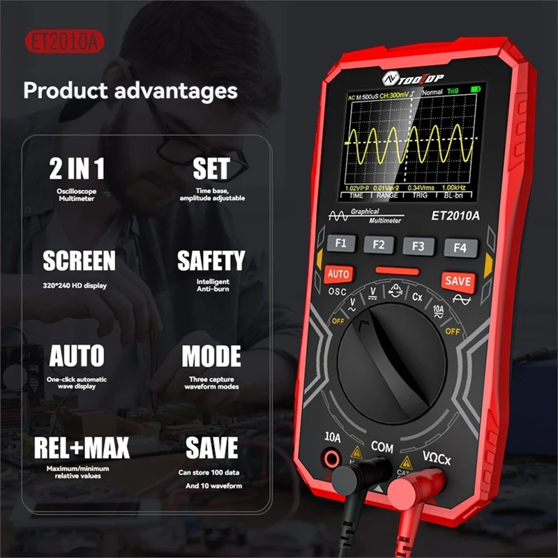 LJL-TOOLTOP ET2010A Digital Oscilloscope Multimeter 1Mhz 2.5Msps AUTO Oscilloscope AC/DC 600V Graphcial Multimeter