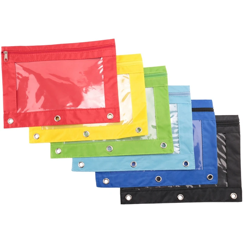 

6 Pack Colorful 3 Ring Zipper Pencil Pouch Sturdy AU Durable Binder Pouch With Clear Window