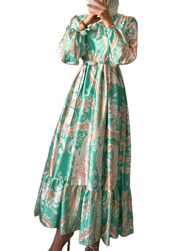 Eid Women Dress Abaya Women Print Party Long Dresses Dubai Jalabiya Lace Up Kaftan Morocco Vestidos Arab Long Robe Ramadan 2026 6