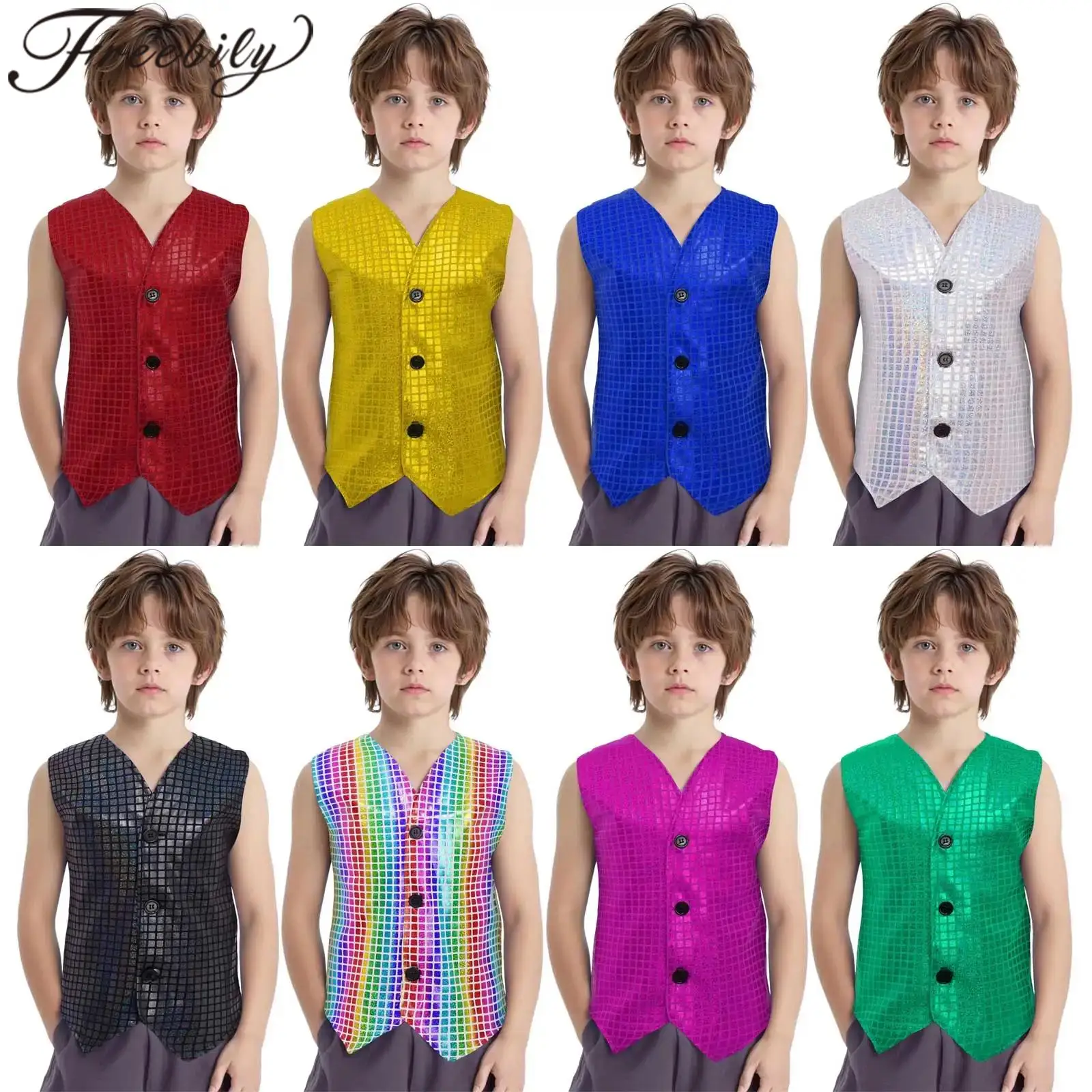 

Girls Boys Jazz Dance Costume Sleeveless Vests Fashion Kids Metallic Plaid Vest Tops Waistcoats for Stage Performance Costume