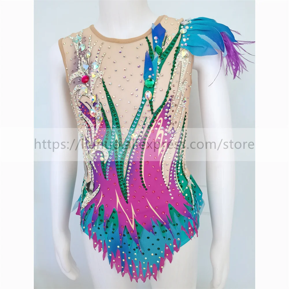 LIUHUO Customize Women Girl Costume Performance Rhythmic Gymnastics Leotards Competition Skating Dress Sleeveless Green Teens