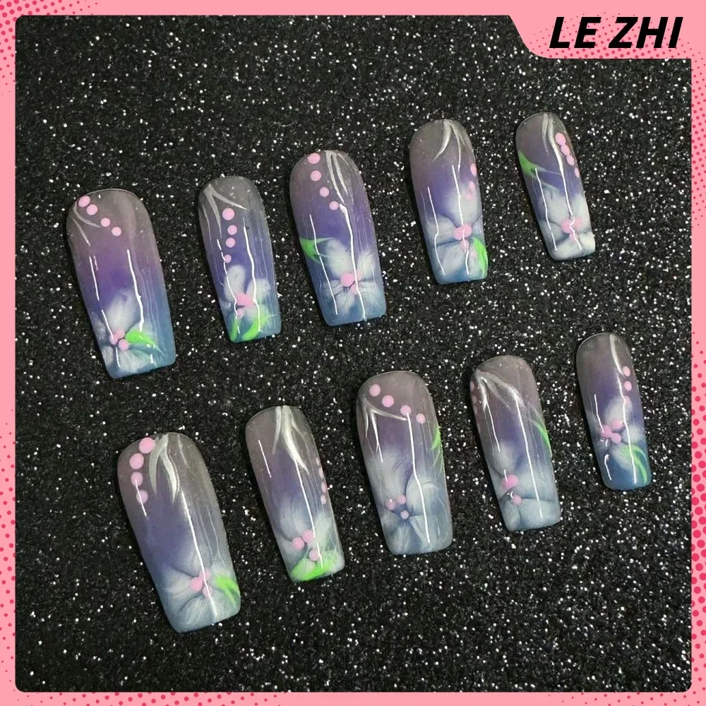 French Star Flower Simple Long Coffin Quadrate Fake Nails Art Handmade Y2K Hottie Reuses Press On Nail Party Stickers