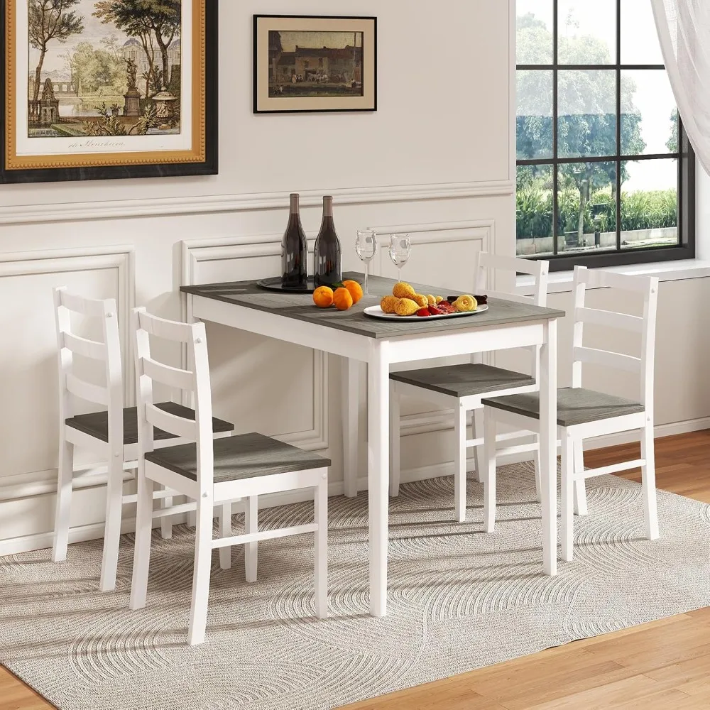 

4 Sets of Kitchen Tables and Chairs with Rubber Wooden Legs, 5-piece Set of Solid Wood Dining Table for Farmhouse