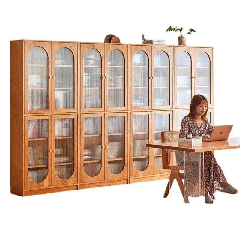 

All solid wood cherry wood bookcase study living room high storage rack glass door Nordic retro display cabinet