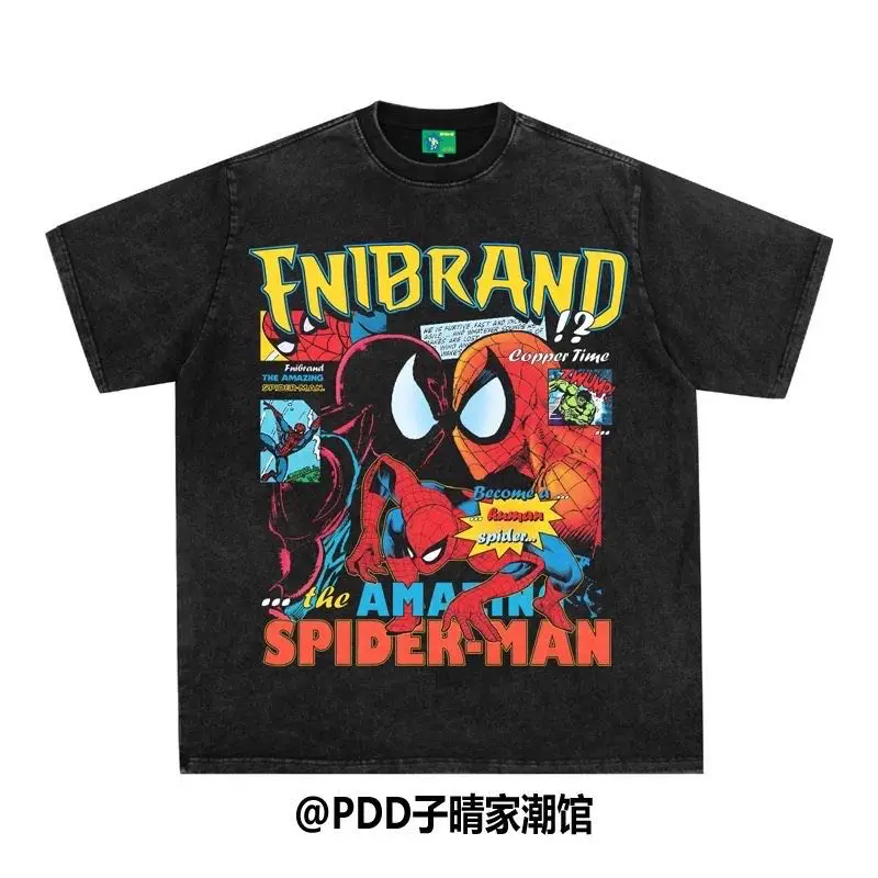 Vintage Washed T-shirt Marvel Spider-Man Printed Mens Woman Short Sleeve Summer Trend Cotton Casual Oversized Tops Hip Hop Tees