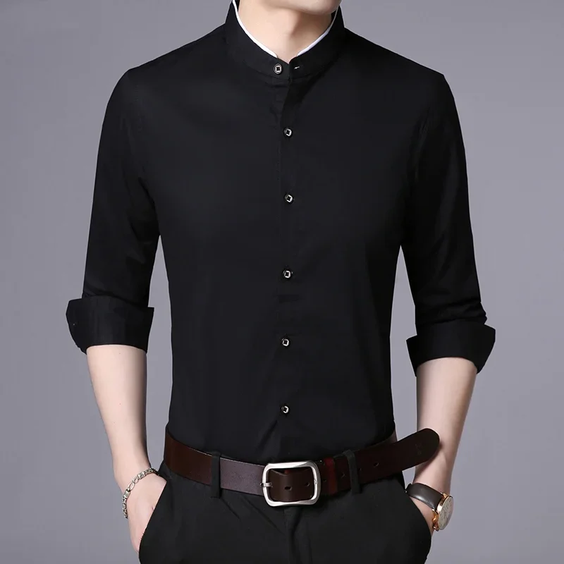 

2023 Fashion Brand Shirt Men Mandarin Collar Long Sleeve Regular Fit Cotton Autumn Black Korean Dress Shirt Casual Men Clothes